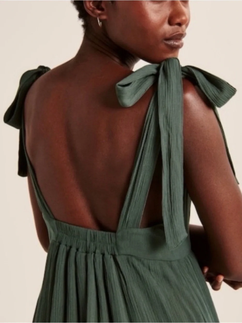 Abercrombie Tie-Shoulder Deep V Maxi Dress in Forest Green